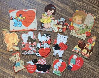 Vintage Valentine Cards (12) Antique Mechanical Children Animals Hearts Love Baseball