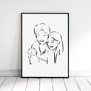 Black and White, Custom Family portrait,  Custom Portrait, Mother, Bespoke Illustration, Family, Father's Day, Christmas Gift