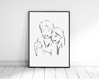 Black and White, Custom Family portrait,  Custom Portrait, Mother, Bespoke Illustration, Family, Father's Day, Christmas Gift