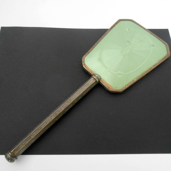 Art Deco, Green Guilloche Hand Mirror, Shenstone England