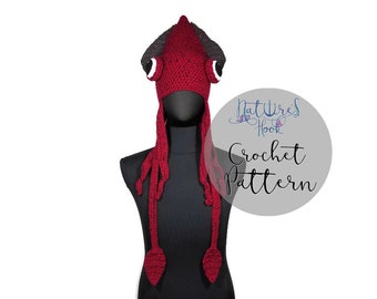 Pattern Only Crochet Squid Hat: Cap Knit Beanie Cartoon Cute Giant Cthulu Plush Kraken Hp Lovecraft Animal Ocean Sea Scuba Cephalopod