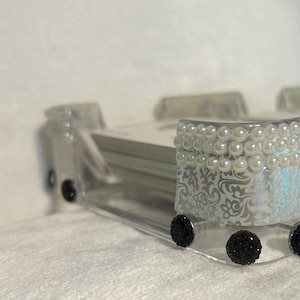 Custom Handmade Canasta Swivel Card Tray - Black & White Silver and Pearls