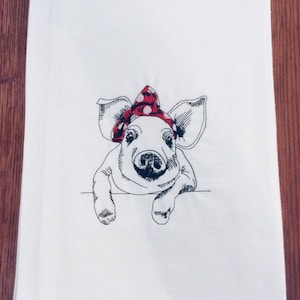 Pig Flour Sack Towel Embroidered, Decorative Tea Towel with Pig Wearing a Bandanna