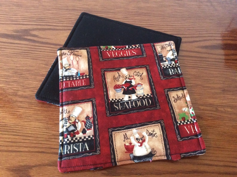Italian Chef Pot Holders Chef Theme Kitchen Decor Chef design on front and black back. Thick Hot Pads