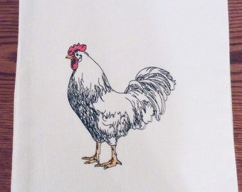 Embroidered Rooster Flour Sack Dish Towel,  Decorative Tea Towel, Chicken Kitchen Decor