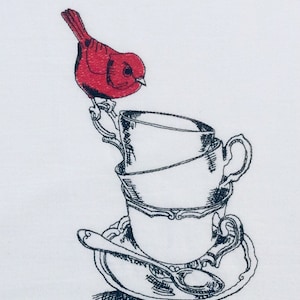 Flour Sack Dish Towel, Embroidered Decorative Tea Towel, Bird and Tea Cups Kitchen Decor