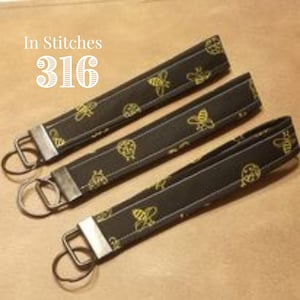 Bee Fabric Key Fob, Key Ring, Keychain, Wristlet, Wrist Lanyard