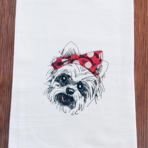 Yorkie Flour Sack Dish Towel Embroidered Decorative Tea Towel with Dog in Bandanna Headband