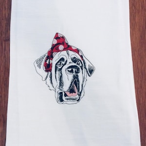 Saint Bernard Flour Sack Towel Embroidered, Decorative Tea Towel with Dog in Bandana Headband