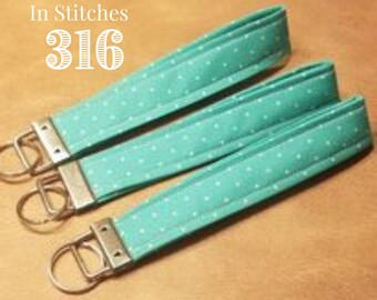 Teal Polka Dot Fabric Key Fob, Key Ring, Keychain, Wristlet, Wrist Lanyard