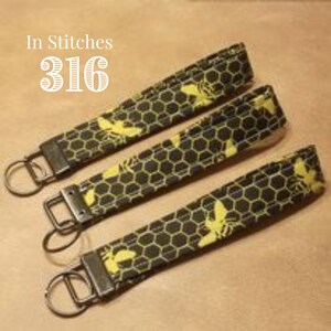 Bee Fabric Key Fob, Key Ring, Keychain, Wristlet, Wrist Lanyard