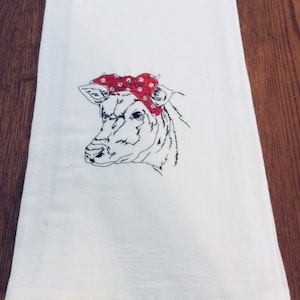Toalha de saco de farinha de vaca bordada, toalha de chá decorativa com vaca na faixa de cabeça, decoração para cozinha estilo fazenda