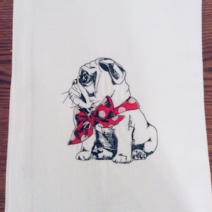 Pug Flour Sack Dish Towel Embroidered Decorative Tea Towel with Dog in Red Bow Tie