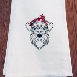 Schnauzer Flour Sack Towel Embroidered, Decorative Tea Towel with Dog in Bandanna Headband
