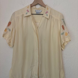 Vintage 80s BLUE ICE silk abstract yellow short sleeve blouse size 10