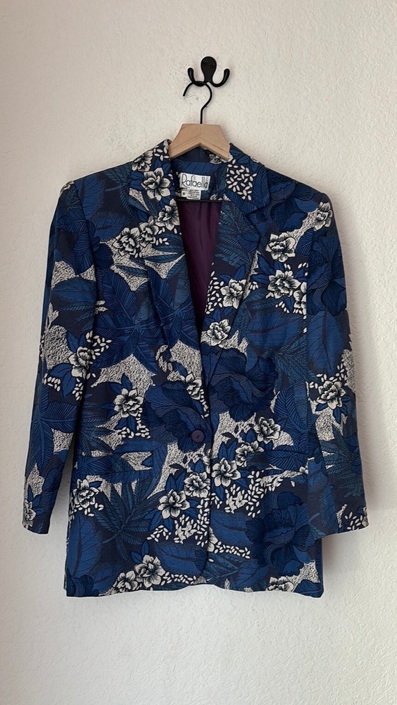 80s Rafaella Linen Blue Floral Lined Blazer size 8