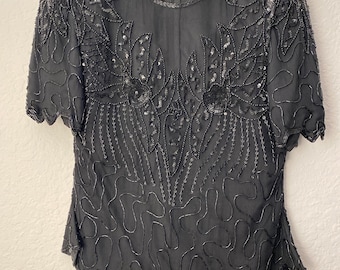 Vintage 80sLawrence Kazan silk hand beaded blouse size Small