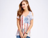 Tops For Woman Urban X Red, White and Blue Cotton V neck Cold Shoulder American Flag design Burnout Sublimated Tunic top- UTS2263A