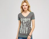 Tops For Woman- Urban X Burnout washed Emerald Green V neck Short sleeve Tee shirt with quot Rebel quot American Flag Graphic - UTPC8058R