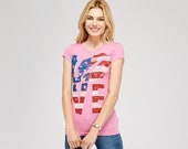 Tops For Woman- Urban X Pink Crew neck LOVE American Flag inspired Lip Kiss Tee -UTM1006