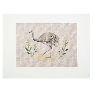 Rhea-Stickmuster, Aquarell-Illustration, Designmuster, handgemachte Stickerei, DIY, chilenischer Vogel, Wanddeko-Zimmer, Dekoration