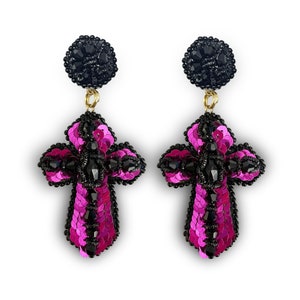 Cross Earrings embroidery Kit and online class, self pace, embroidery tutorial, French wire, beads, hand embroidery