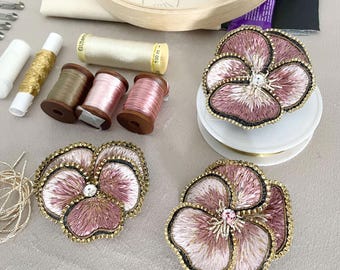 Pansy flower 3D embroidery kit, stumpwork Embroidery kit, 3D embroidery, brooch, Online Class, silk threads embroidery