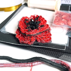 Red Poppy flower embroidery Kit, online class, self pace, embroidery tutorial, poppy flower brooch, sequins, stumpwork, embroidery kit