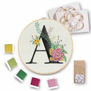 Letter A, Mini Embroidery Kit Lettering, floral, fonts, letters, design pattern, floral letters
