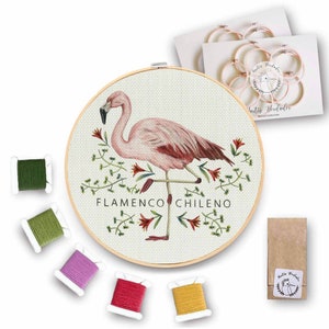 Chilenischer Flamingo Stickset, Aquarellillustration, handgemachte Stickerei, DIY, Dekoration, Vögel, südamerikanische Vögel