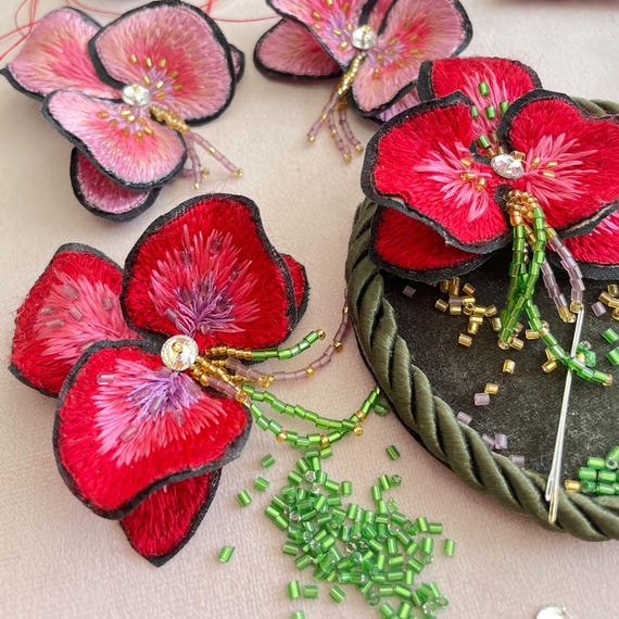 Orchid Maxi Earring embroidery kit, stumpwork Embroidery kit, 3D embroidery, brooch,  Online Class, silk threads embroidery