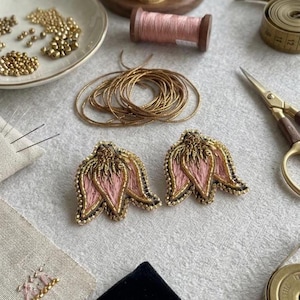Tulip embroidery, kit tutorial, embroidery, sequins, earrings, self pace online class