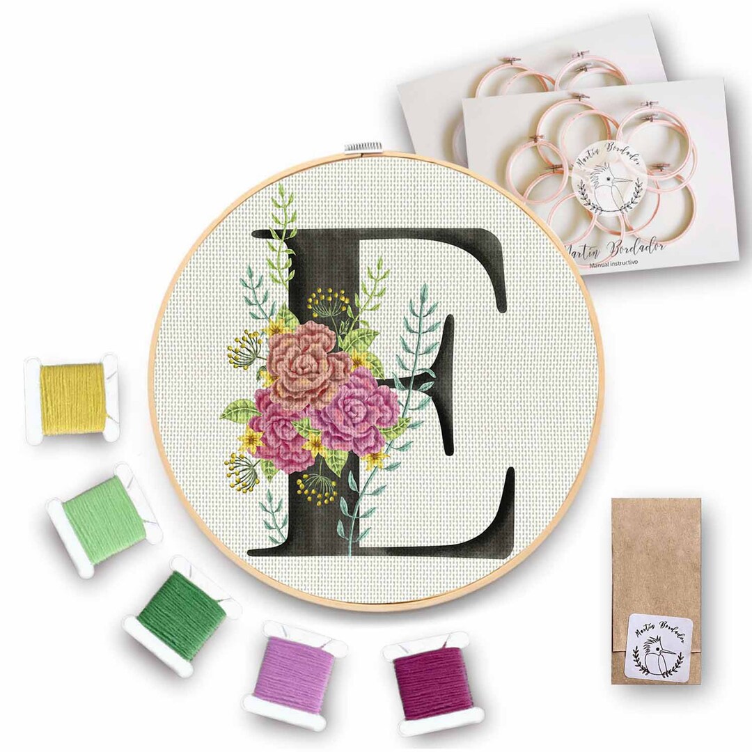 Letter E, Embroidery Kit Lettering, Floral, Fonts, Letters, Design ...