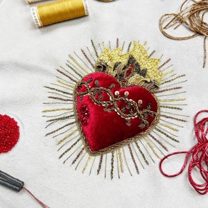 Sacred Heart of Jesus embroidery Kit, goldwork diy embroidery kit, heart, brooch, online class, Martin embroiderer