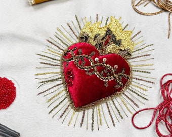 Sacred Heart of Jesus embroidery Kit, goldwork diy embroidery kit, heart, brooch, online class, Martin embroiderer