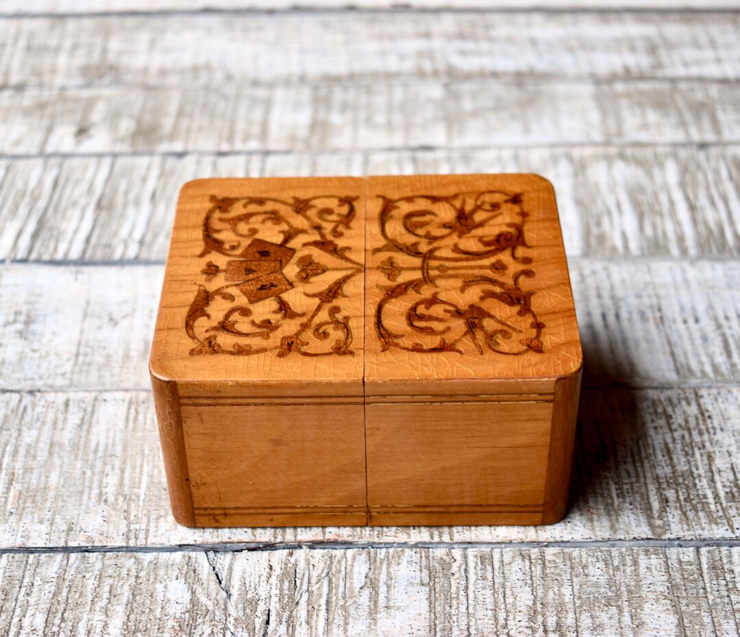 Vintage Wooden Cards Storage Box Intarsia Cards Box Etsy