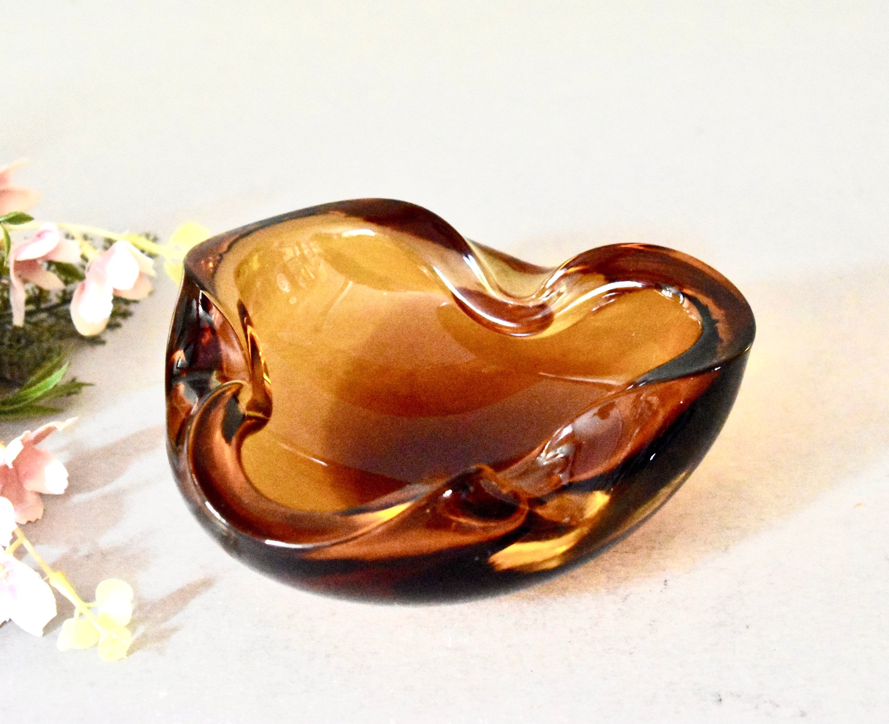 Vintage Amber Glass Murano Ashtray Mandruzzato Design