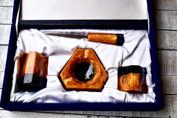 Vintage Catalin Ashtray Synthetic Amber Desk Set Catalin Pencil Holder Vintage Home Decor Soviet Memorabilia letter knife