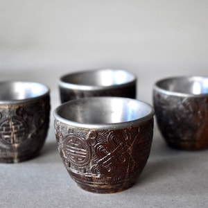 Antique Chinese Coconut Carved Shells Pewter Wine Cups Collectable Chinese Cups