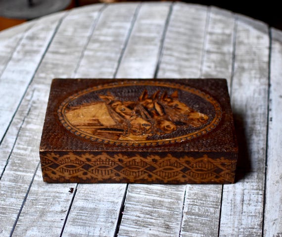 Antique  Wooden  Box Horse Pirographik Box Home Decor Antique Decor Bohemian Decor View 2