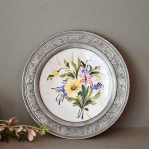Vintage Porcelain Plate With Zinc Frame Wall Decor Hand Painted Home Decor Vintage Decor With Flowers