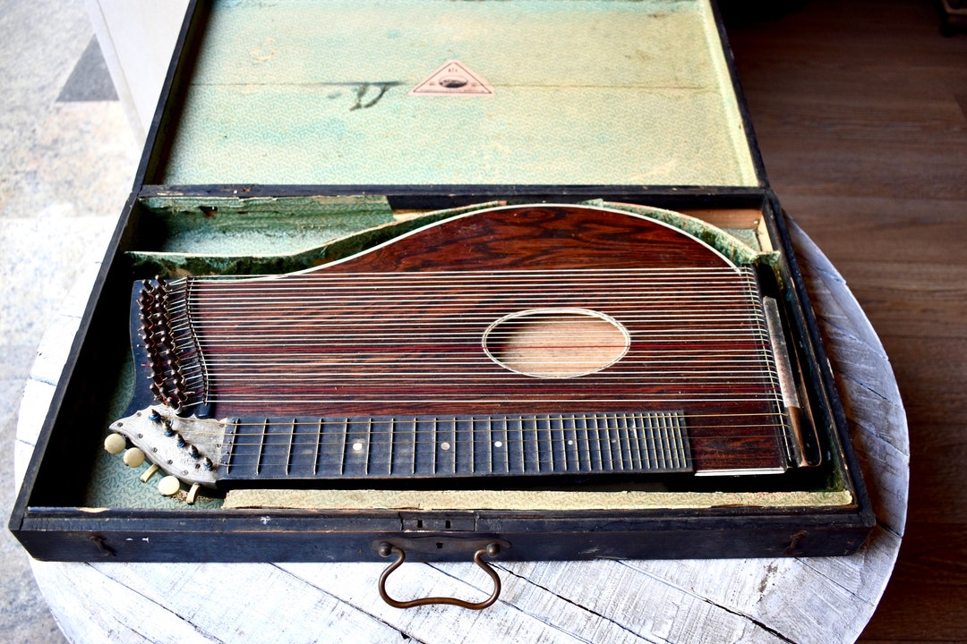 Antique Mandolin Stringed Instrument Ziter Cymbals Gusli Wooden Box ...