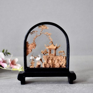 Vintage Chinese Carved Cork Art Diorama Scene With Black Lacquer Frame image 6