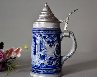 Ceramik Beer Mug Vintage Pottery  Home Decor Beer  Stein Rustic German Beer Mug Blue Ceramic Mug