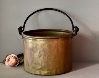 Vintage France Big Copper Pot Wood Basket Rustic Decor Antique Copper Basin Vintage Gift Home Decor Vintage Decor Old Barn Copper Basket