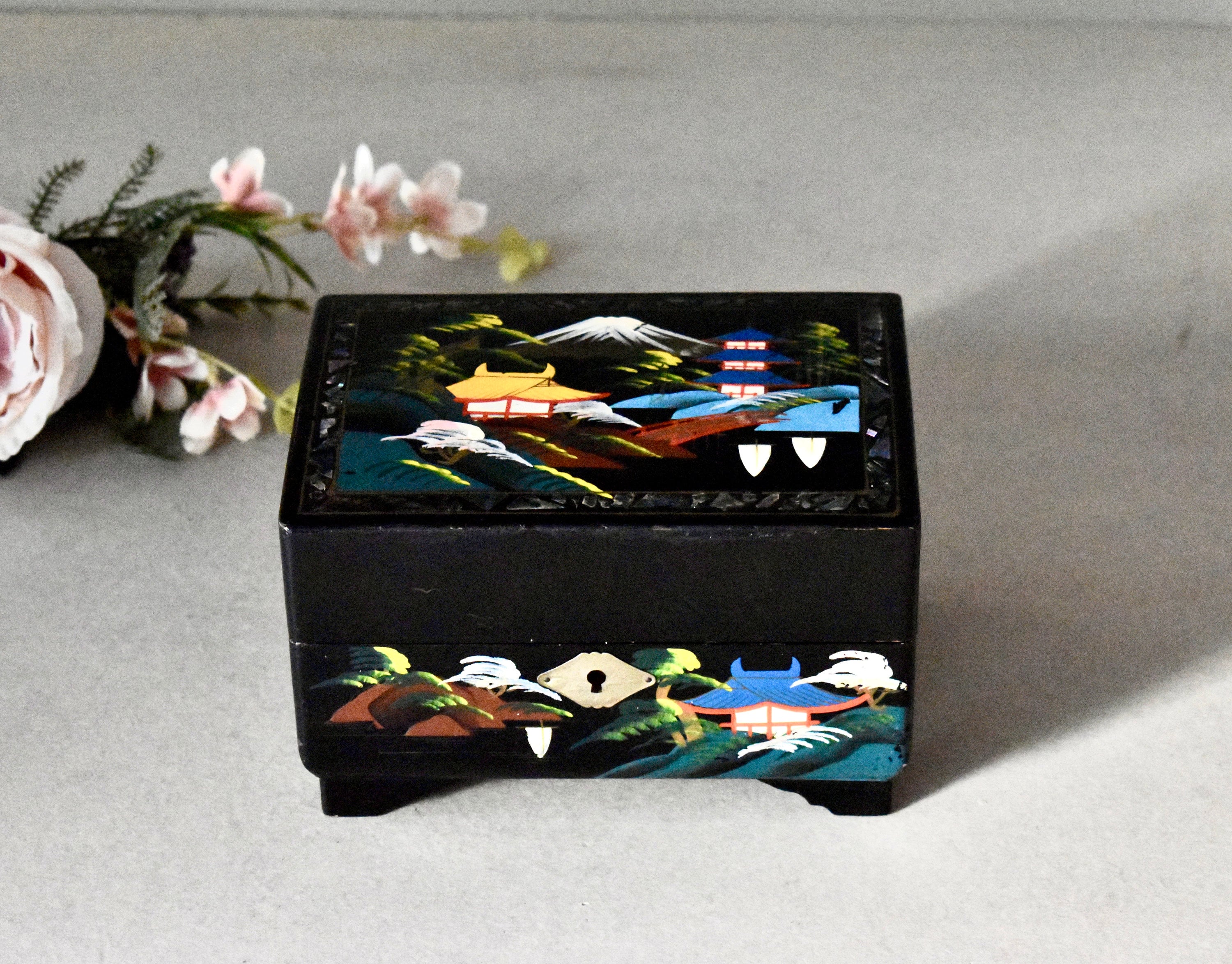 Vintage Wooden Japan Black Lacquer Jewelry Musical Mirror