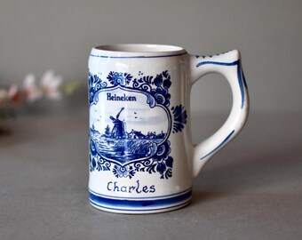 Vintage Delft  Porcelain Beer Mug Heineken Collectable Blue Porcelain Beer Stein