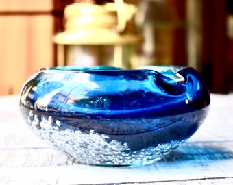 murano　ブルー＆クリア　アートガラス　 アッシュトレイ　灰皿　イタリア製 Vintage Murano Blue Glass Ashtray Colored Murano Glass Middle