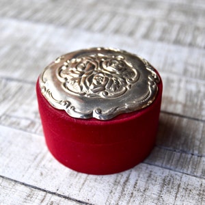 Vintage Red Velvet Sterling Silver Jewelry Box Silver Roses Trinkets Box