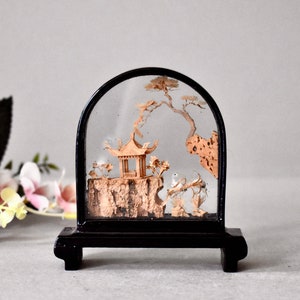 Vintage Chinese Carved Cork Art Diorama Scene With Black Lacquer Frame image 4